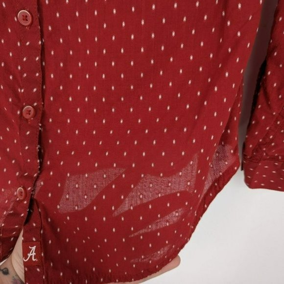 Columbia PFG Button Front Top S Red White Alabama Textured Dot Long Sleeve Thin - Picture 8 of 12